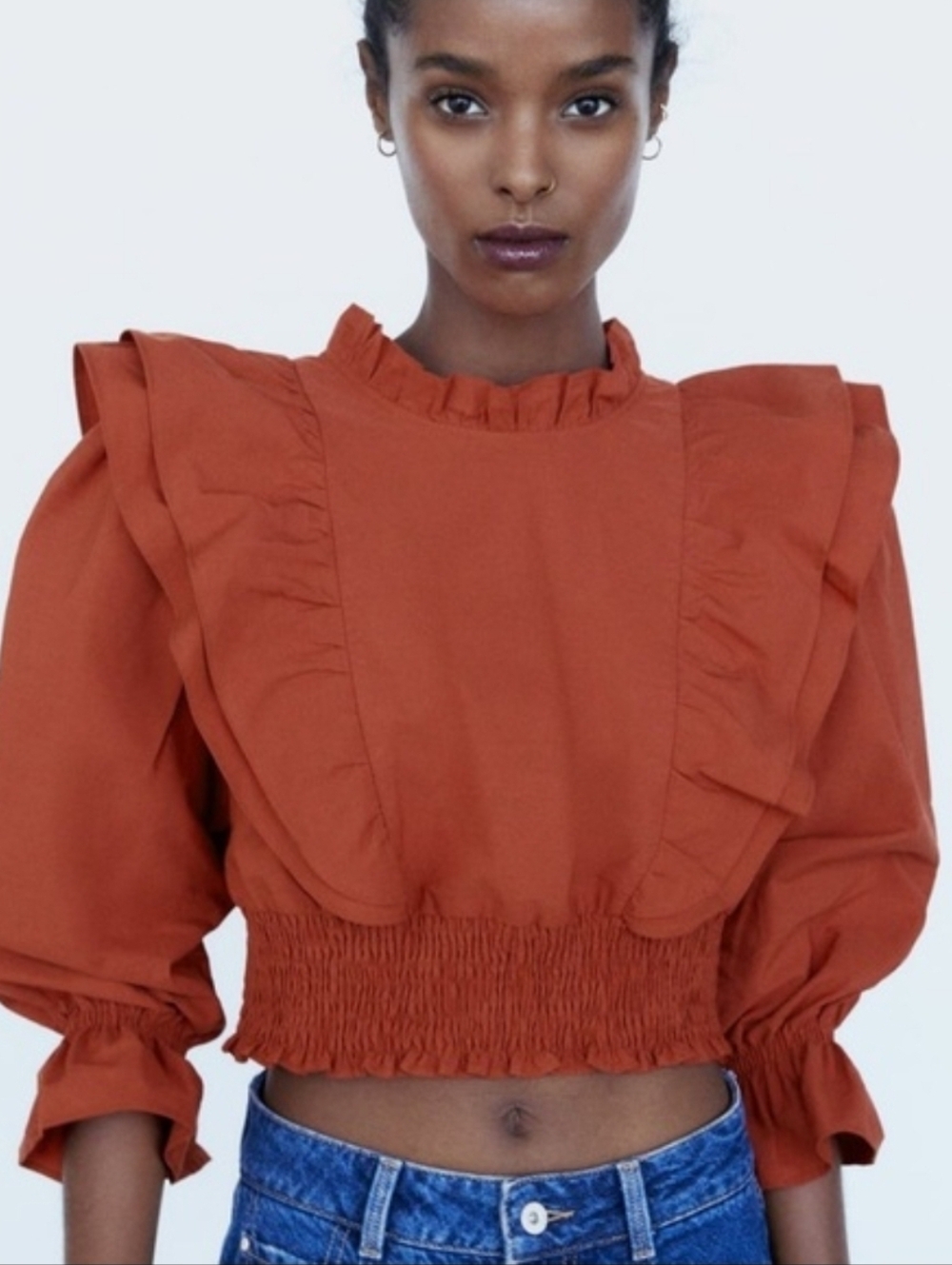 Zara Rust Ruffled Crop Blouse - Picture 4 of 9